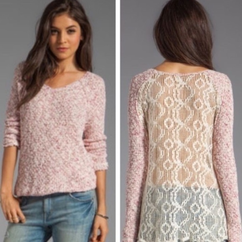 Free People Womens Sz XS Marled Pink Sweater Crochet Lace Back Pretty comfortabl